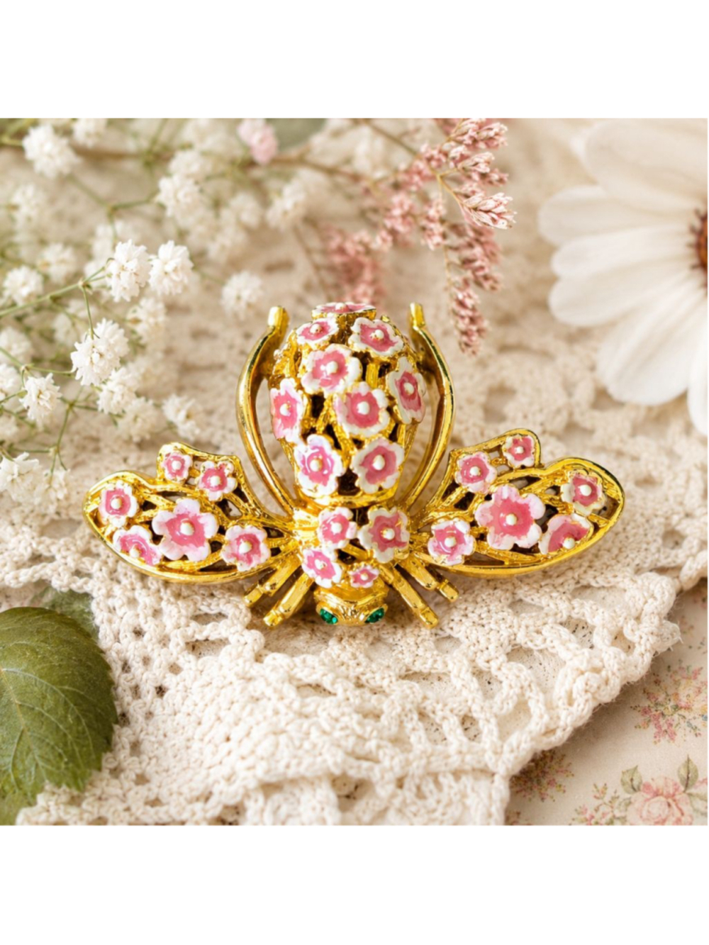 Signed Joan Rivers Cherry Blossom Bumble Bee Brooch GoldTone Pink White Brooched